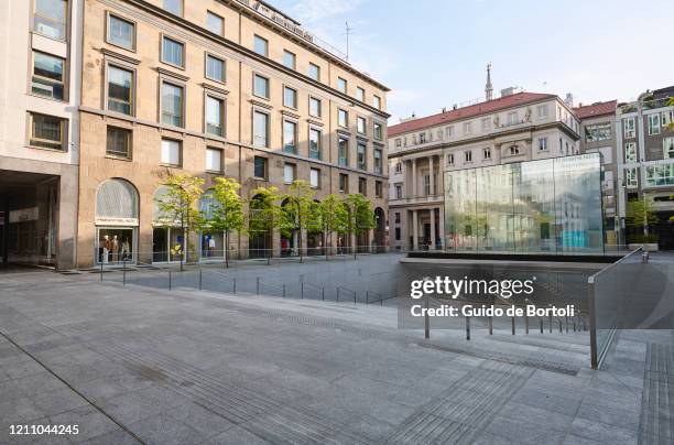 General view of an empty Piazza del Liberty and the closed Apple Store during the lockdown imposed to slow the outbreak of Coronavirus on April 26,...