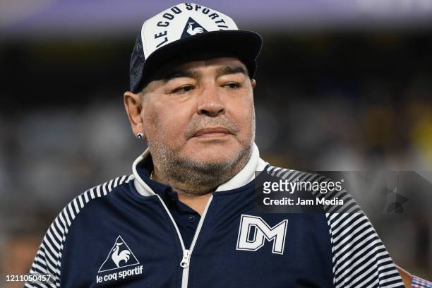 Diego Armando Maradona Head Coach of Gimnasia y Esgrima looks on prior to a match between Boca Juniors and Gimnasia y Esgrima La Plata as part of...
