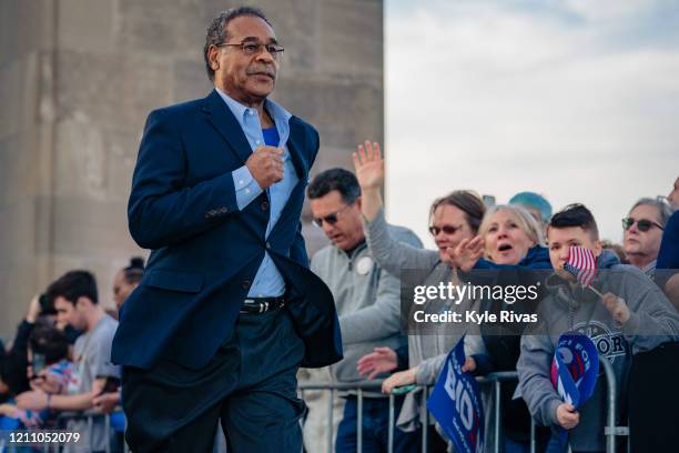 House Representative Emanuel Cleaver runs to the stage to introduce candidate Joe Biden during the Joe Biden Campaign Rally at the National World War...