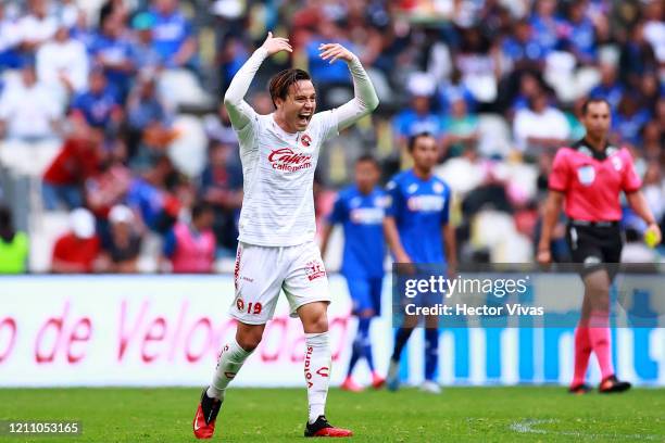 Erick Torres of Tijuana celebrates after scoring the second goal of his team during the 9th round match between Cruz Azul and Tijuana as part of the...