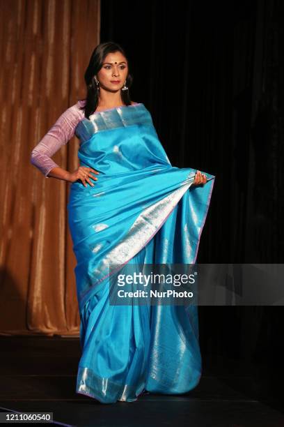 Model showcases an elegant and ornate Kanchipuram saree during a South Indian and Sri Lankan bridal fashion show in Scarborough, Ontario, Canada, on...