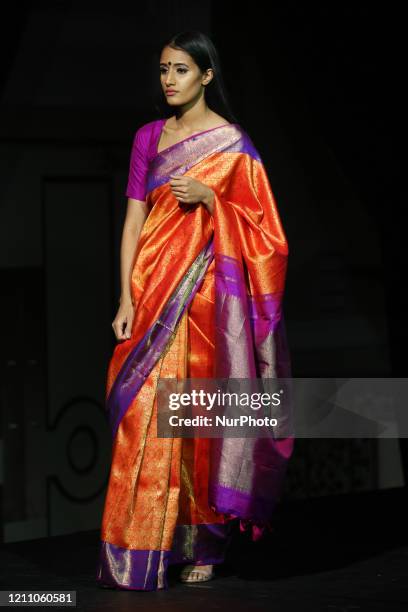 Model showcases an elegant and ornate Kanchipuram saree during a South Indian and Sri Lankan bridal fashion show in Scarborough, Ontario, Canada, on...