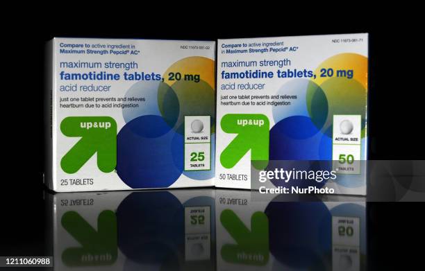 Packages of famotidine tablets are seen in this photo illustration on April 27, 2020 in Orlando, Florida. The popular heartburn drug, sold under the...