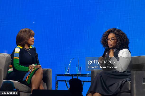 Gayle King and Oprah Winfrey speak during Oprah's 2020 Vision: Your Life in Focus Tour presented by WW at Pepsi Center on March 07, 2020 in Denver,...