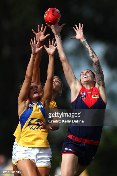 Tegan Cunningham of the Demons marks the ball during the round five AFLW match between the Melbourne Demons and the West Coast Eagles at Casey Fields...