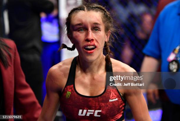 Joanna Jedrzejczyk of Poland reacts after the conclusion of her UFC strawweight championship fight against Zhang Weili of China during the UFC 248...