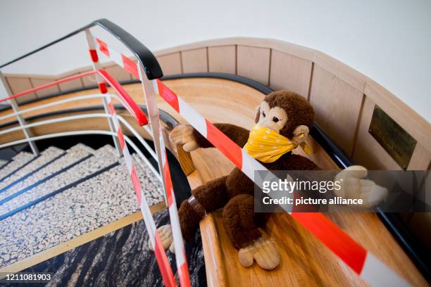 April 2020, North Rhine-Westphalia, Münster: A stuffed monkey with mouth and nose protection sits in the closed slide for children in the Zumnorde...