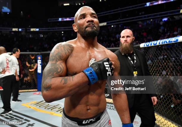 Yoel Romero of Cuba reacts after his decision loss to Israel Adesanya of Nigeria in their UFC middleweight championship fight during the UFC 248...