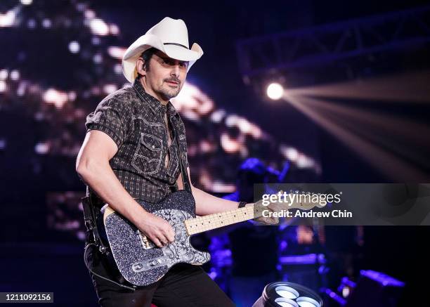 Singer-songwriter Brad Paisley performs on stage at Abbotsford Centre on March 07, 2020 in Abbotsford, Canada.