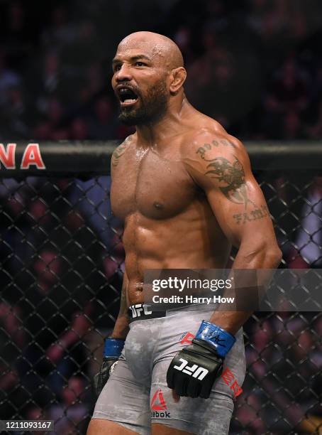 Yoel Romero reacts at the end of his fight against Israel Adesanya, losing in a decision in the middleweight title at T-Mobile Arena on March 07,...