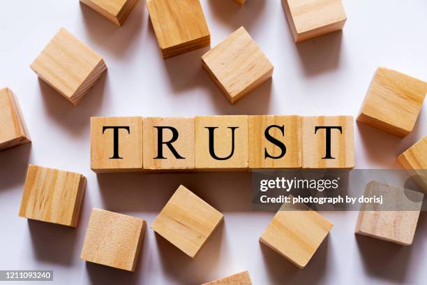 'trust' word on wooden blocks. business concept - trust concept stock-fotos und bilder