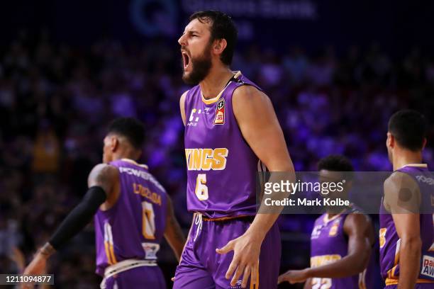 Andrew Bogut of the Kings celebrates during game one of the NBL Grand Final series between the Sydney Kings and the Perth WIldcats at Qudos Bank...