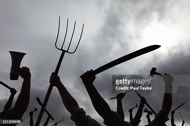 protest on cloudy day - pitchfork agricultural equipment stock pictures, royalty-free photos & images