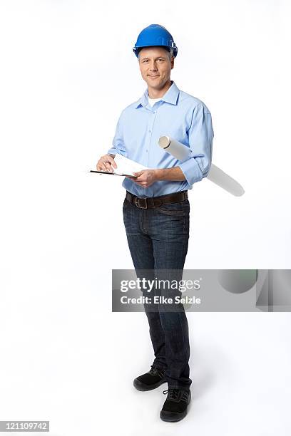 man with clipboard, blueprint and hard hat - hard hat white background ストックフォトと画像