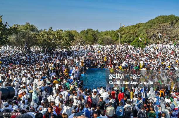 crowd gather around baptism pool during timkat festival - lalibela foto e immagini stock