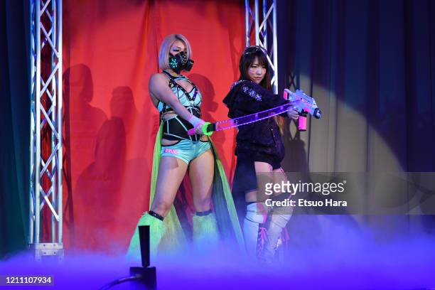 Hana Kimura and jungle Kyona enter the ring during the Women's Pro-Wrestling Stardom - No People Gate at Korakuen Hall on March 08, 2020 in Tokyo,...