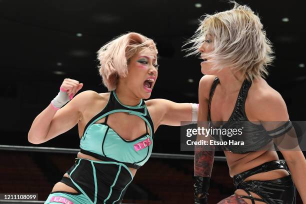 Hana Kimura and Giulia compete during the Women's Pro-Wrestling Stardom - No People Gate at Korakuen Hall on March 08, 2020 in Tokyo, Japan. The...