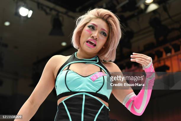 Hana Kimura reacts during the Women's Pro-Wrestling Stardom - No People Gate at Korakuen Hall on March 08, 2020 in Tokyo, Japan. The event is held...