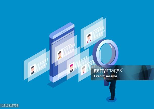 holding magnifying glass searching human resources resume - magnifying glass stock illustrations