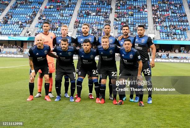 The San Jose Earthquakes starting lineup pose for this photo prior to the start of an MLS Soccer game against the Minnesota United FC at Earthquakes...