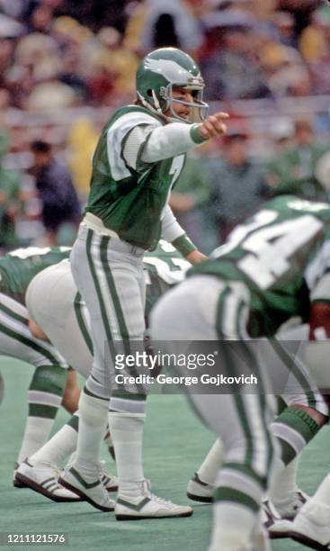 Quarterback Ron Jaworski of the Philadelphia Eagles signals at the line of scrimmage during a game against the Tampa Bay Buccaneers at Veterans...