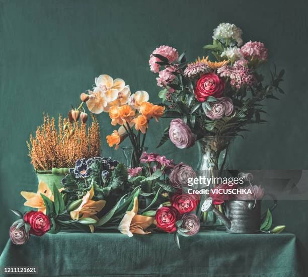 still life with various flowers in pots and vases on table with watering can - flower arrangement stock pictures, royalty-free photos & images
