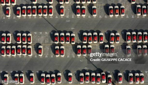 Drone image taken on April 27 shows taxis parked in a lot in the Emirate of Dubai, during the coronavirus pandemic.