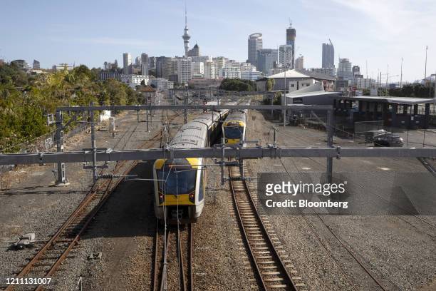 Train travels along a railtrack during a partial lockdown imposed due to the coronavirus in Auckland, New Zealand, on Tuesday, April 28, 2020. New...