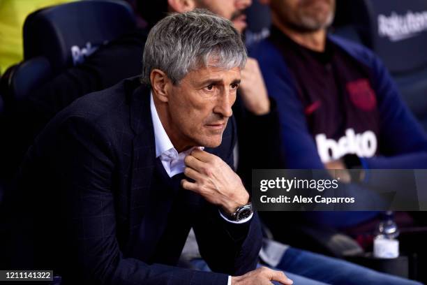 Head Coach Quique Setien of FC Barcelona looks on before the Liga match between FC Barcelona and Real Sociedad at Camp Nou on March 07, 2020 in...