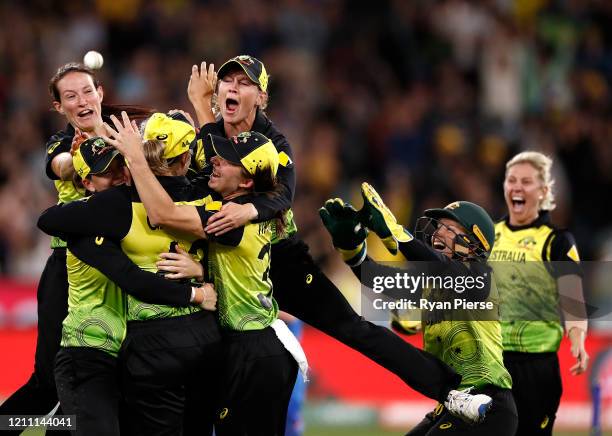 Meg Lanning of Australia celebrates victory during the ICC Women's T20 Cricket World Cup Final match between India and Australia at the Melbourne...