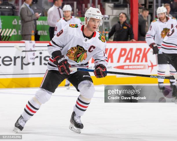 Jonathan Toews of the Chicago Blackhawks skates in warm-ups prior to an NHL game against the Detroit Red Wings at Little Caesars Arena on March 6,...