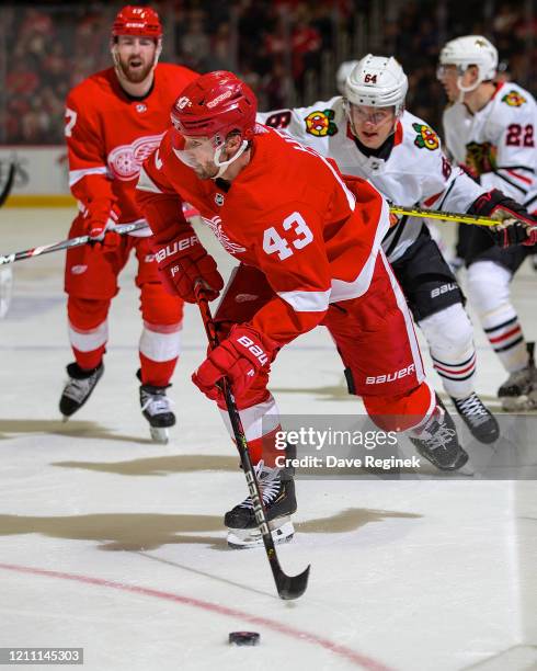 Darren Helm of the Detroit Red Wings controls the puck in front of David Kampf of the Chicago Blackhawks during an NHL game at Little Caesars Arena...