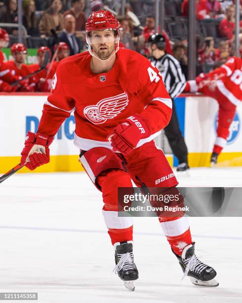 Darren Helm of the Detroit Red Wings follows the play against the Chicago Blackhawks during an NHL game at Little Caesars Arena on March 6, 2020 in...