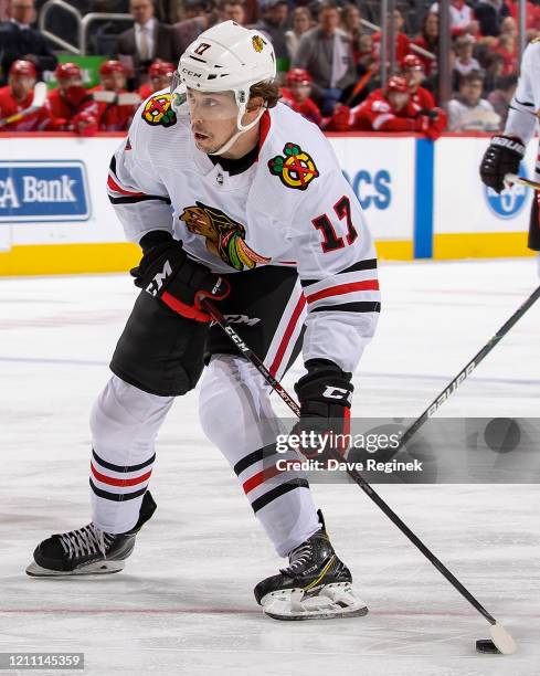 Dylan Strome of the Chicago Blackhawks shoots the puck against the Detroit Red Wings during an NHL game at Little Caesars Arena on March 6, 2020 in...