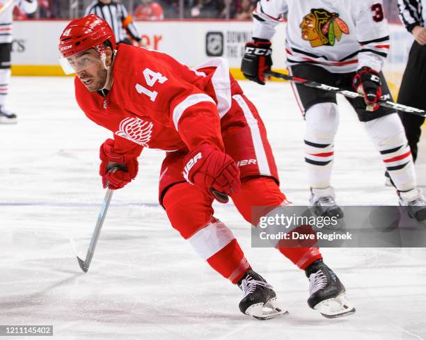 Robby Fabbri of the Detroit Red Wings follows the play against the Chicago Blackhawks during an NHL game at Little Caesars Arena on March 6, 2020 in...