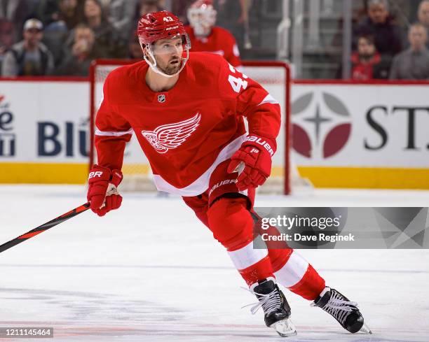 Darren Helm of the Detroit Red Wings follows the play against the Chicago Blackhawks during an NHL game at Little Caesars Arena on March 6, 2020 in...