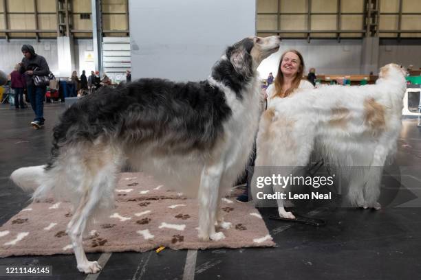 Borzoi barks at a passing dog on day 4 of the Crufts dog show at the NEC Arena on March 8, 2020 in Birmingham, England. The annual four-day show will...