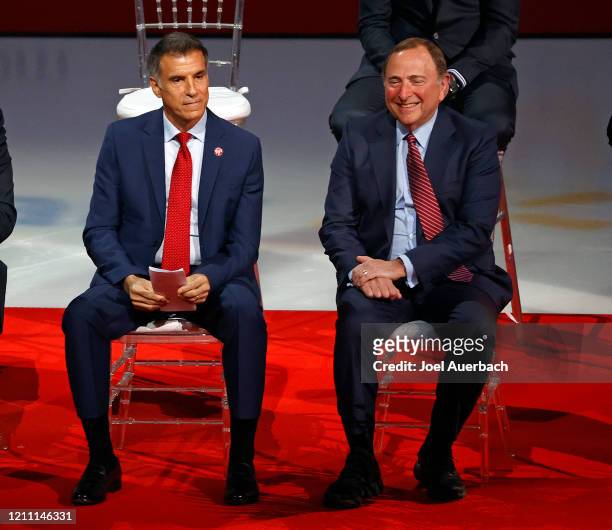Owner of the Florida Panthers, Vincent "u201cVinnie"u201d Viola sits next to Commissioner of the NHL, Gary Bettman at the ceremony for the jersey...