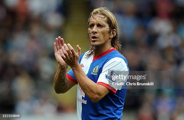 Michel Salgado of Blackburn Rovers applauds during the Barclays Premier League match between Blackburn Rovers and Wolverhampton Wanderers at Ewood...