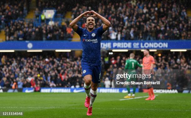 Pedro of Chelsea celebrates after scoring his team's second goal during the Premier League match between Chelsea FC and Everton FC at Stamford Bridge...