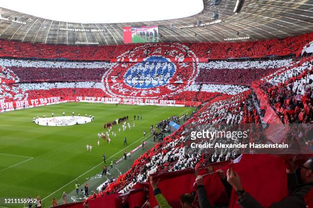 Fans of Bayern Munich display a tifo prior to the Bundesliga match between FC Bayern Muenchen and FC Augsburg at Allianz Arena on March 08, 2020 in...