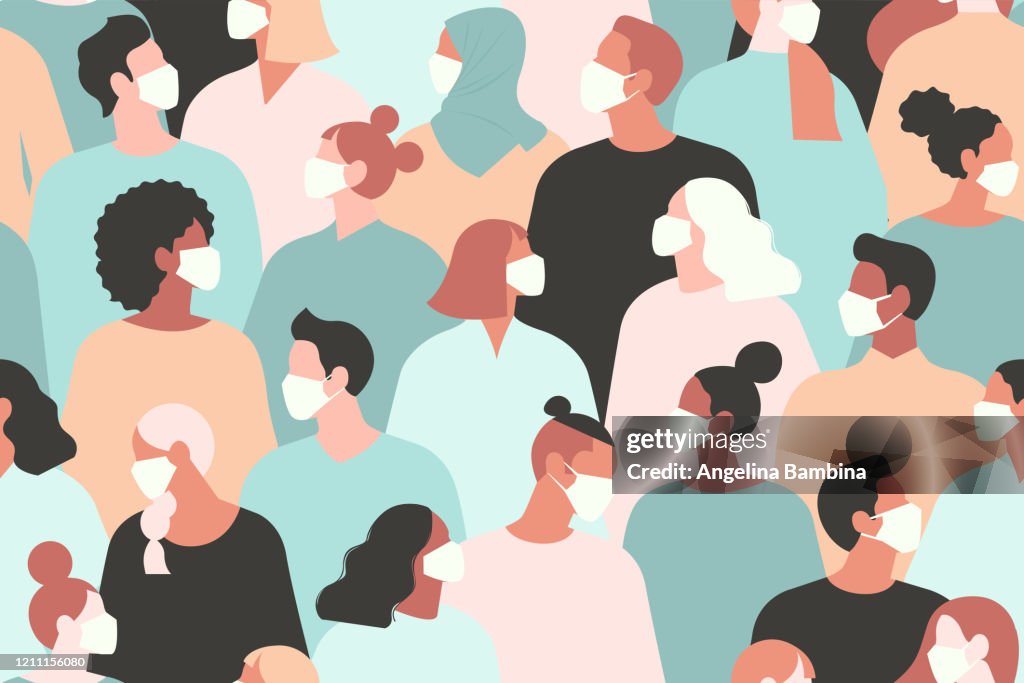 Novel coronavirus (2019-nCoV), people in white medical face mask. Concept of coronavirus quarantine vector illustration. Seamless pattern.
