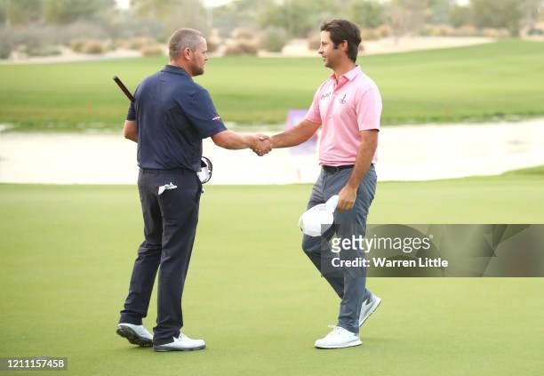Jorge Campillo of Spain shakes hands with David Drysdale of Scotland after winning the tournament on the 5th play off hole during Day 4 of the...