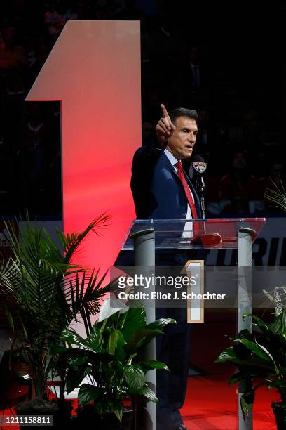 Florida Panthers Owner Vincent Viola speaks at the retirement ceremony for Goaltender Roberto Luongo while his number is retired and raised to the...