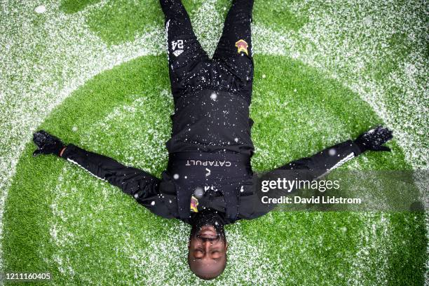 Ronald Mukiibi of Ostersunds FK during the Ostersunds FK training session at Jamtkraft Arena on April 28, 2020 in Ostersund, Sweden. Despite the...