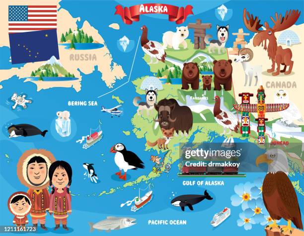 ilustraciones, imágenes clip art, dibujos animados e iconos de stock de mapa de dibujos animados de alaska - inuit