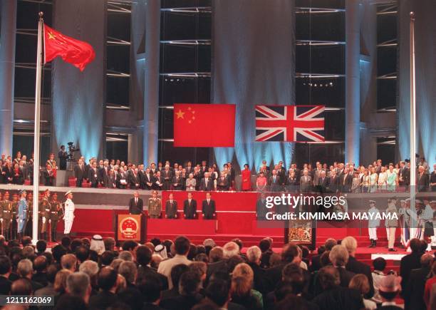 General view of the handover ceremony 01 July showing the Chinese flag flying after the Union Jack was lowered. AFP PHOTO/ POOL/Kimimasa MAYAMA