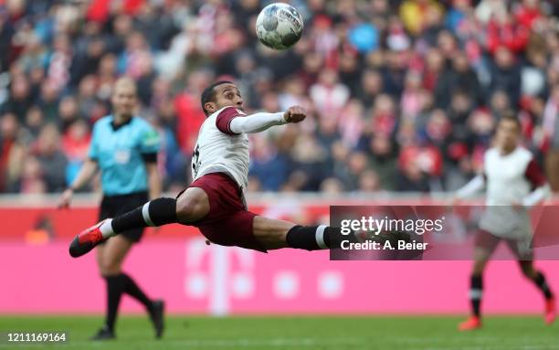 Thiago of FC Bayern Muenchen tries to score during the Bundesliga match between FC Bayern Muenchen and FC Augsburg at Allianz Arena on March 08, 2020...