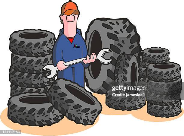 mechanic with tires - auto mechanic white background stock illustrations