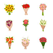 Festive gift bouquets of flowers icons set on empty background